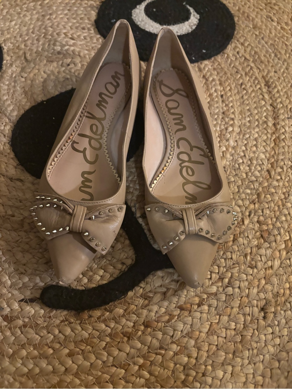Sam Edelman Taupe Pointed-Toe Bow Flats with Stud Accents